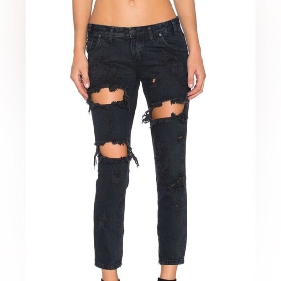 Free People One Teaspoon Skinny Freebirds Jeans Fox Black Distressed Zipper - Picture 1 of 15